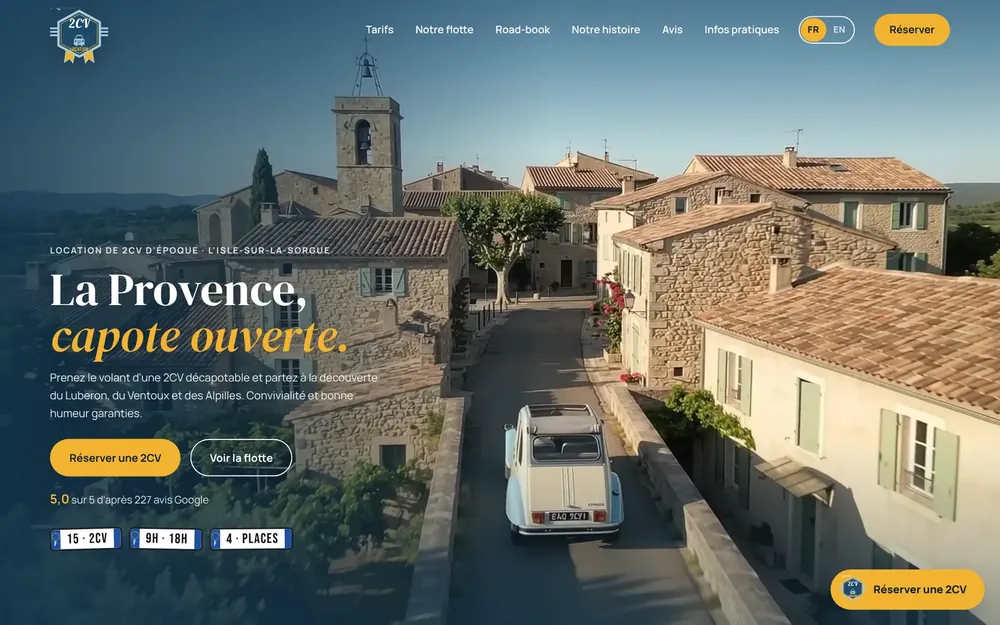 Page d'accueil de la maquette 2CV & Lavande, sur ordinateur