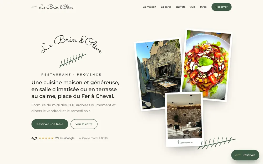 Page d'accueil de la maquette Le Brin d'Olive, sur ordinateur